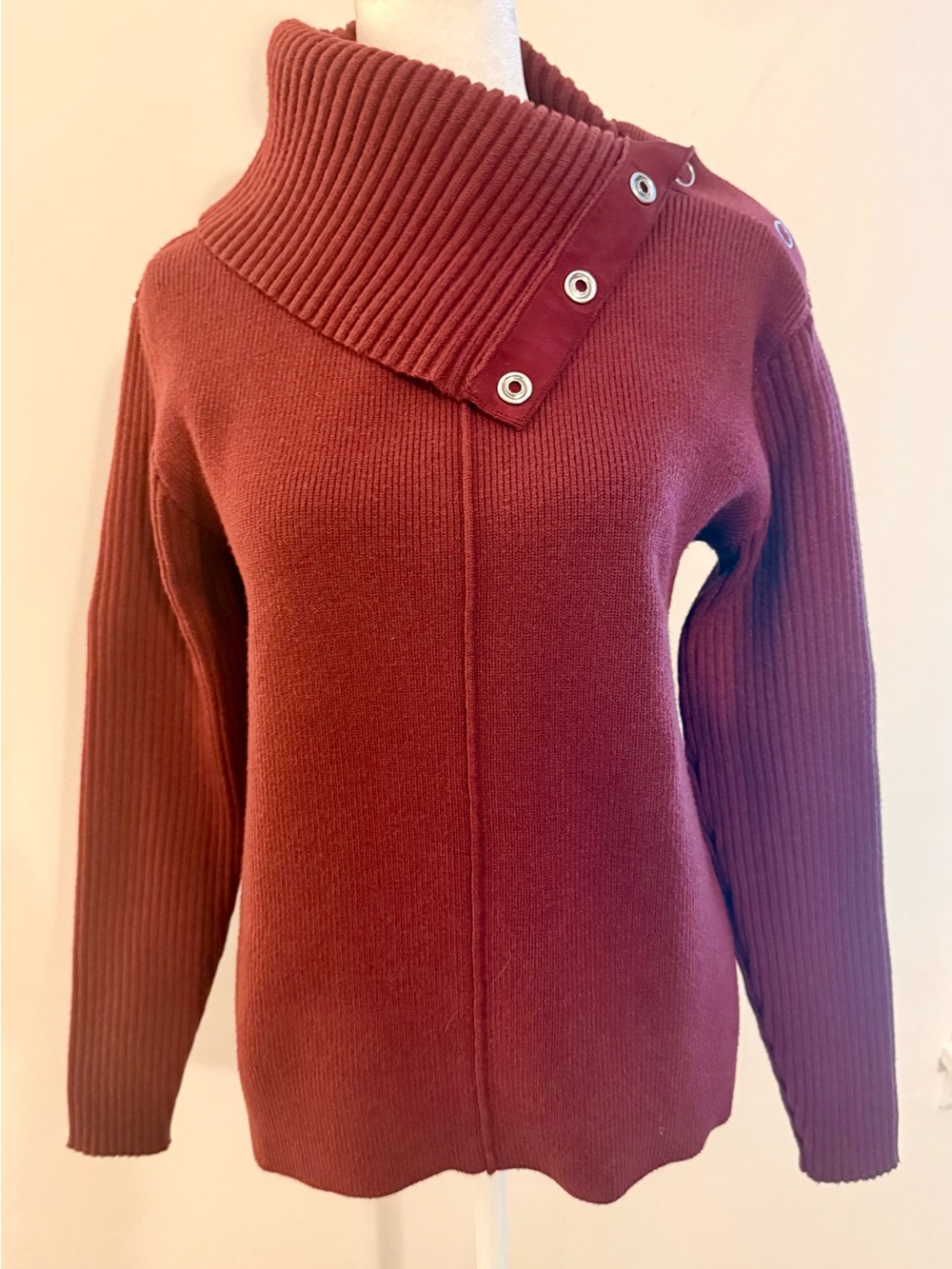 CAbi Ribbed Snap-Detail Cowl Neck Sweater - Rust